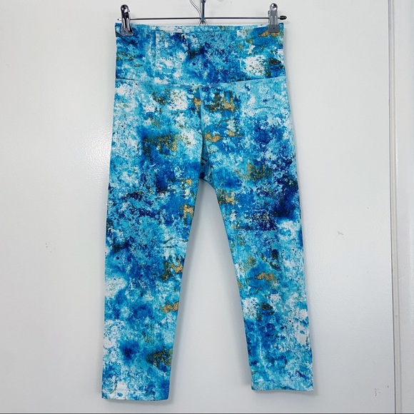 PRANA Capris Leggings Blue Yellow Paint Splatter Pattern Small - Picture 1 of 8